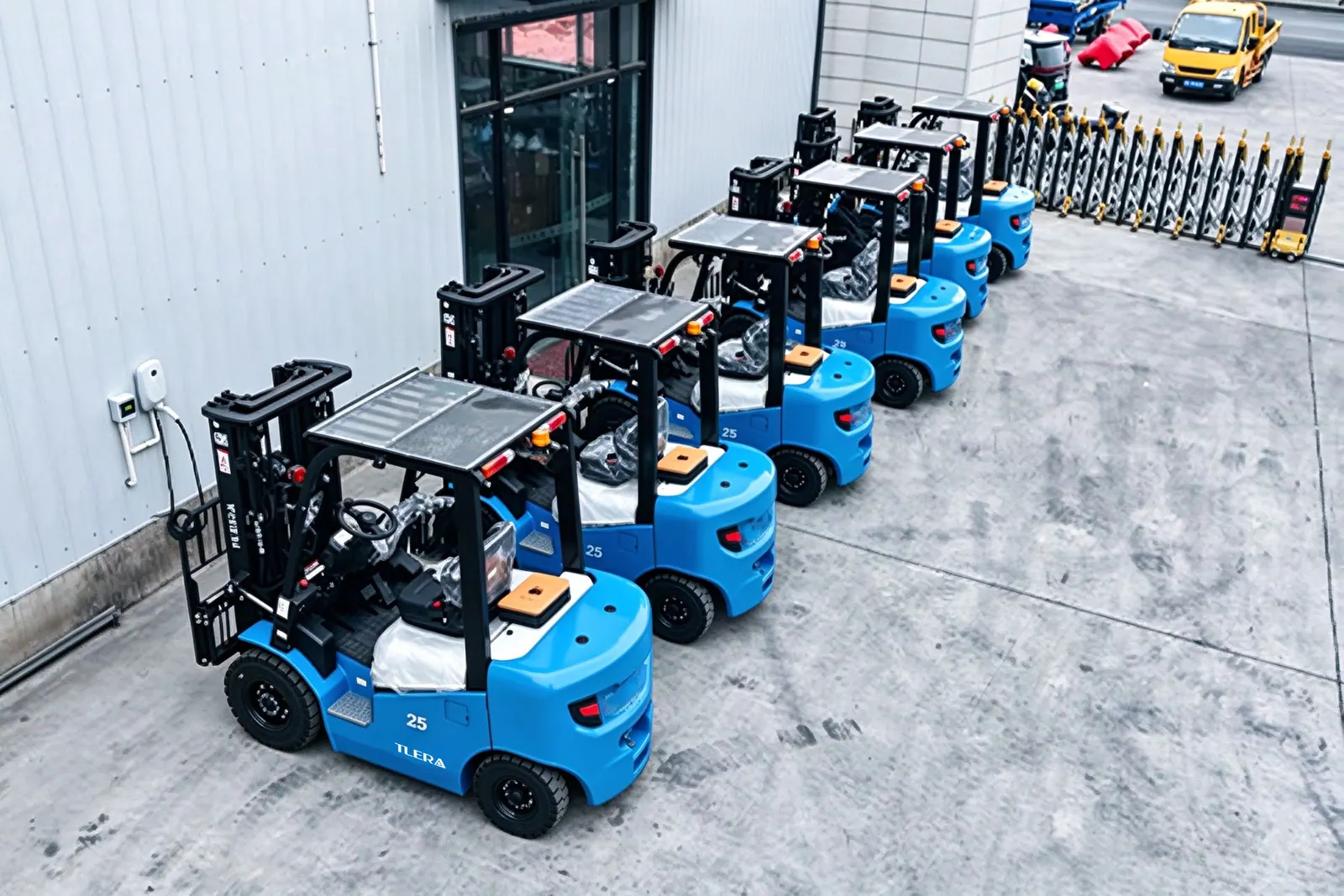 A row of blue TLERA forklifts ready outside the workshop