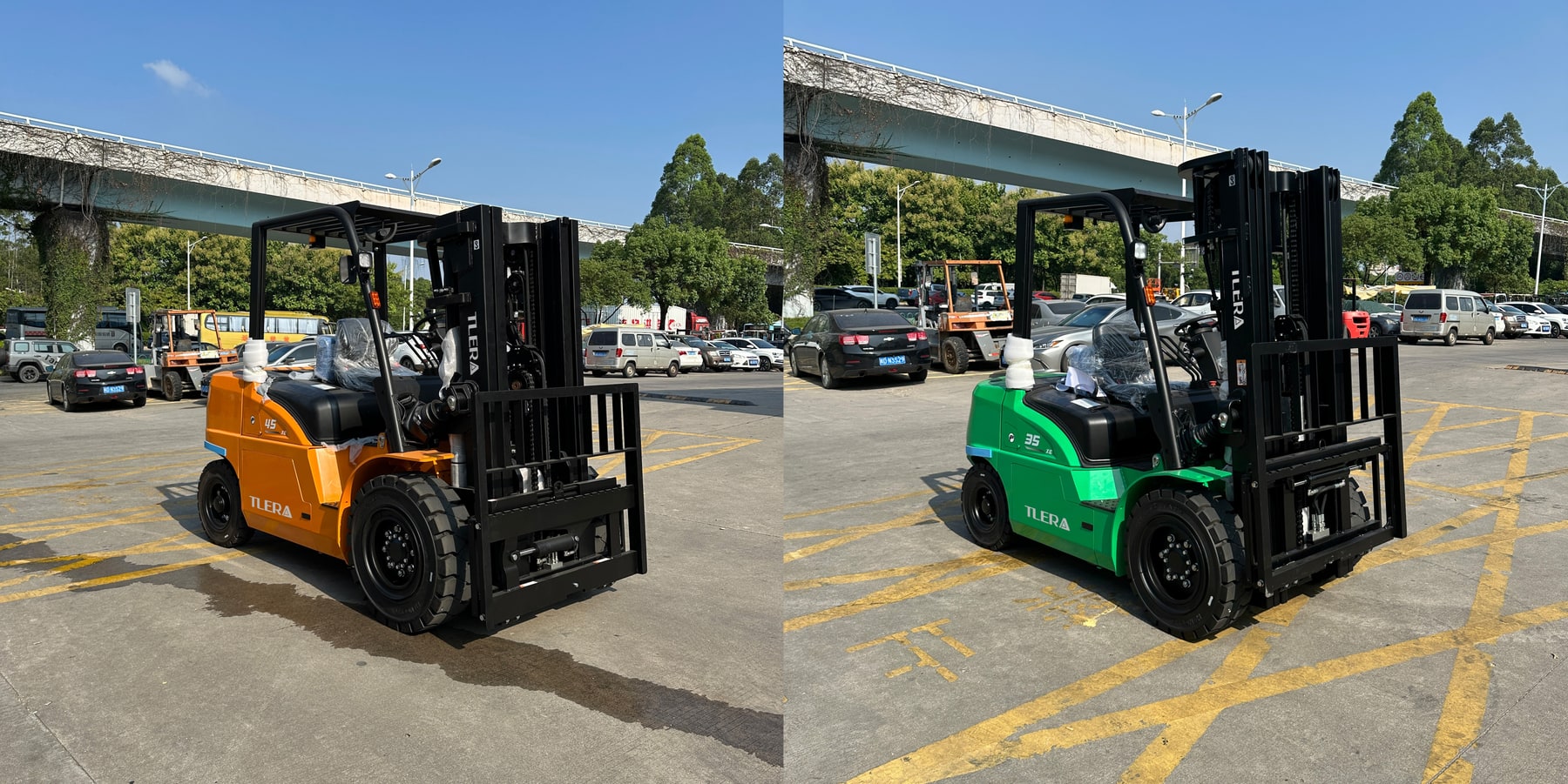 TLERA XE series lithium forklifts in orange and green prepared for shipment