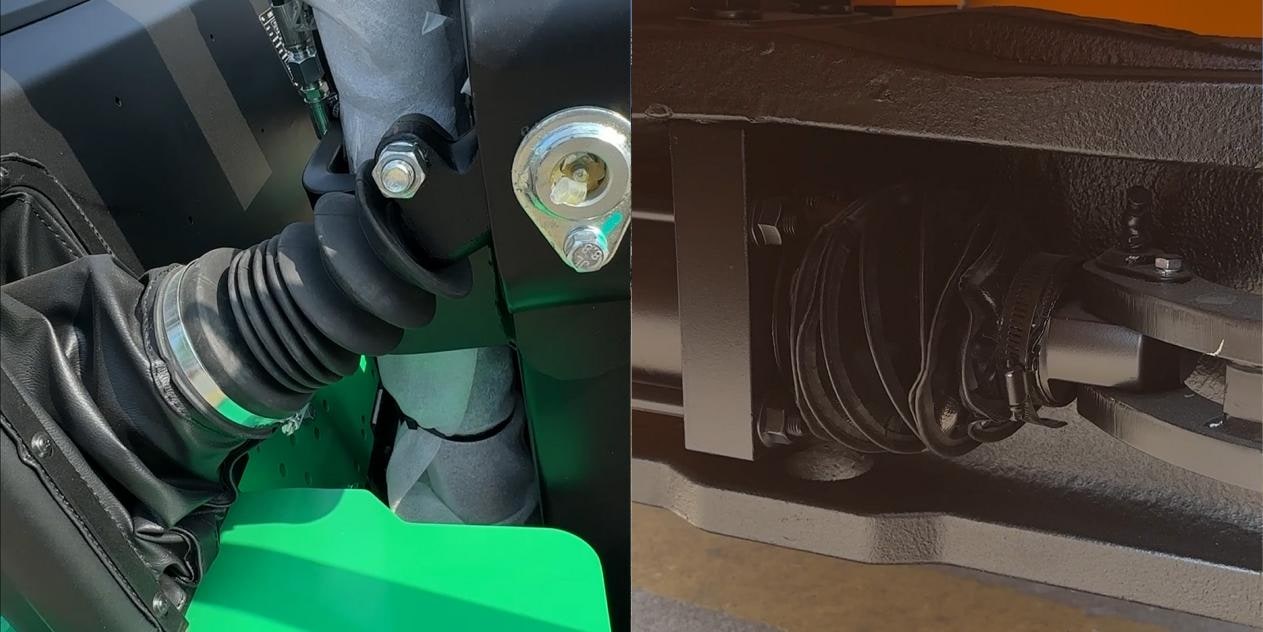Close-up views of protective covers on the forklift hydraulic components